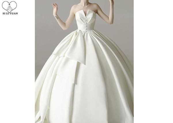 Cream Satin Beautiful Ball Gown Wedding Dress Strapless Big Bow Pleating