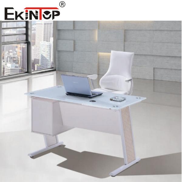 Бело-голубой стеклянный офисный стол с ящиком