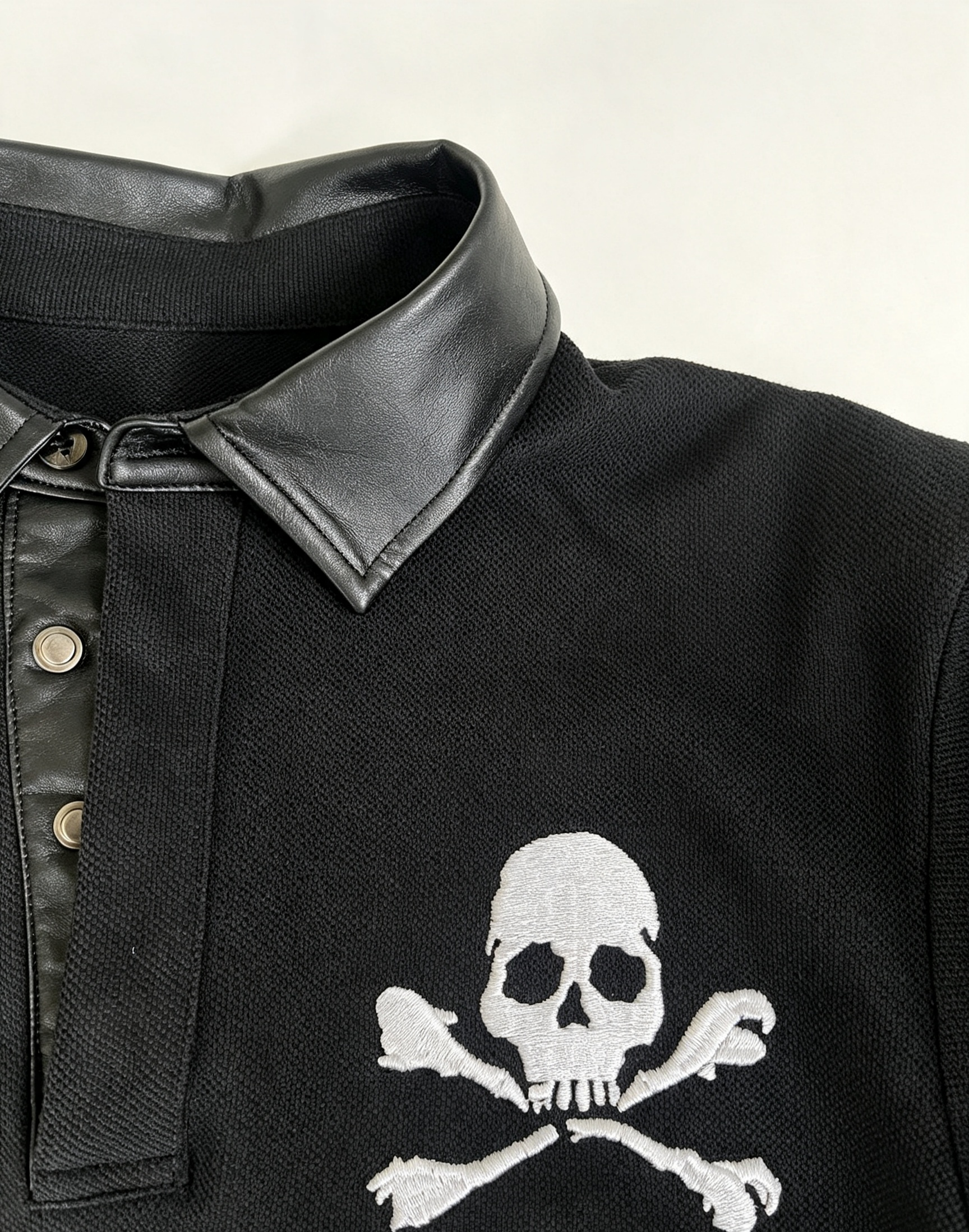 Gothic Skull Embroidery Polo Shirt, Faux Leather Collar Rivet Cross Patch Punk Short Sleeve Top for Men