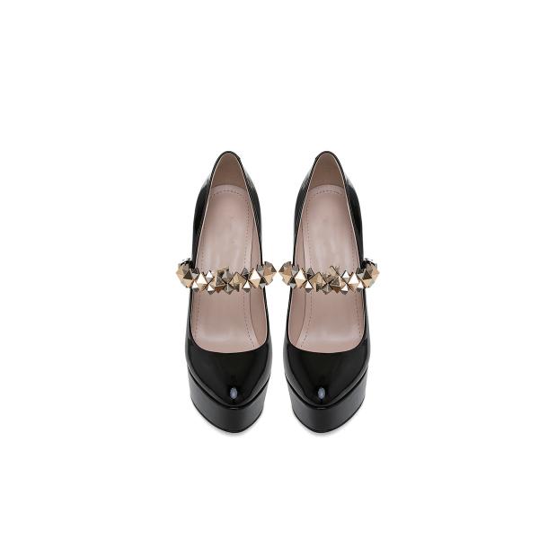 Pointed Toe Mirror Platform Heel Shoes Sewed Bead With Diamond Chain