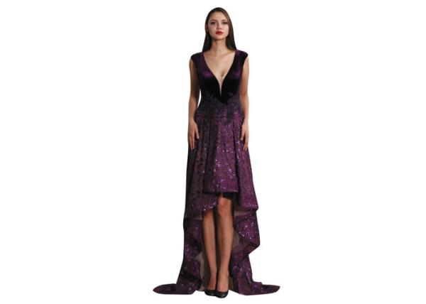 Dark Purple Sequined Sleeveless Formal Dresses , High Low Style Long Prom Dress
