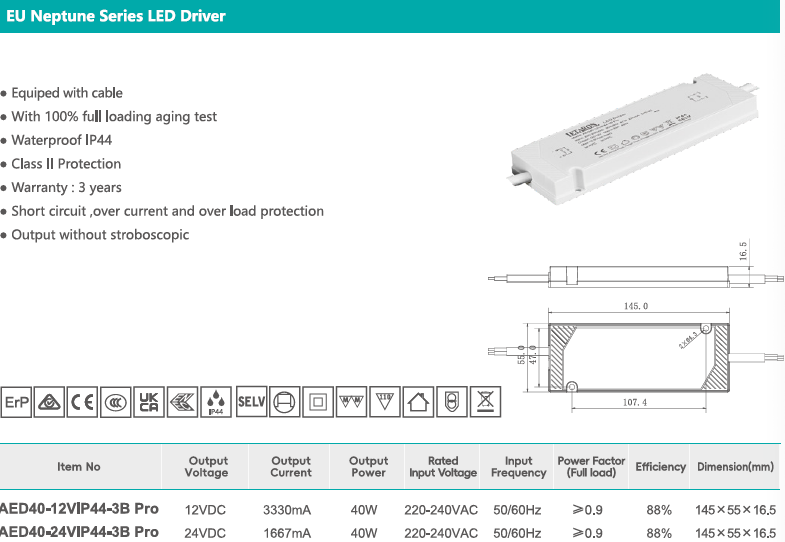 40W 12/24V EU Slim IP44 LED Driver Flicker-Free Bathroom Mirror Lights Power Supply