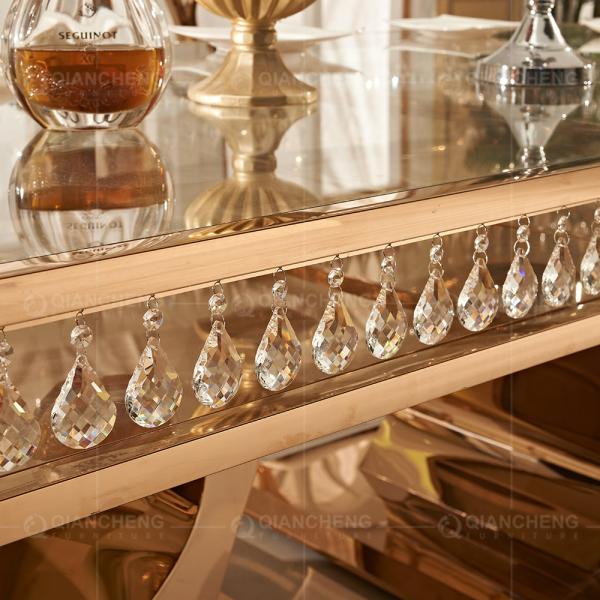 Rose Golden 244x122x75cm Glass Metal Dining Table With Crystal Pendant