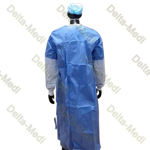 PP SMS Velcro Neck Knitted Cuff Disposable Surgical Gown Reinforced At Half Sleeves