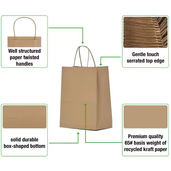Custom Retail Grocery Birthday Wedding Party Natural Recycled Twiststring Handle Blank Paper Shopping Bags
