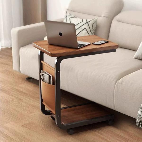 Space-Saving Living Room Furniture Corner Coffee Bedside Table with Wheels C Shape 2 Tiers End Rolling Storage Rack Shelf