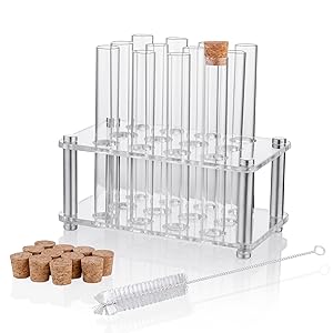 Scientific Experiments 12Pcs 20x150mm Glass Test Tubes With Cork Stoppers 1 Rack Of Acrylic Material