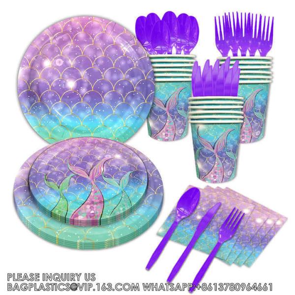 Mermaid Theme Tableware Set Mermaid Disposable Paper Plate Dinnerware Set Birthday Party Supplies