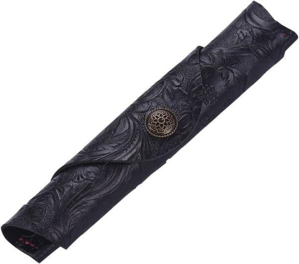 Vintage Handmade Leather Single Pen Case Holder Cowhide Fountain Pen Sleeve Roll Wrap Pen Pouch (Black Carved)