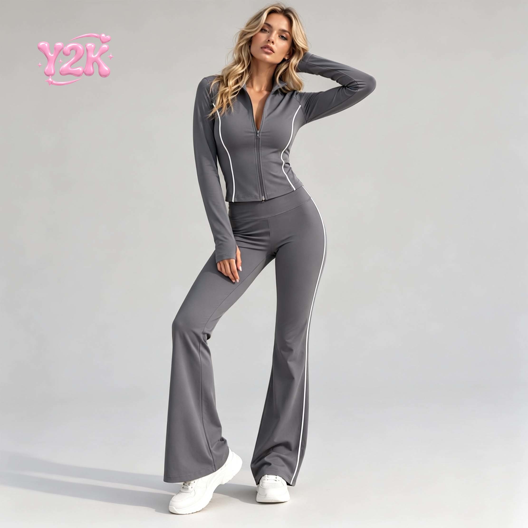 Custom Women Activewear Set Contrast Piping Zip Jacket Flare Pants Stretchy Yoga Gym Workout Fitness Running Two Piece Outfit