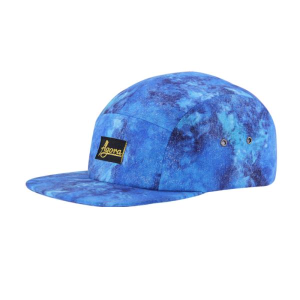 Customized 5 Panel Camp Caps With All Over Sublimation Printing And Woven Patch Logo