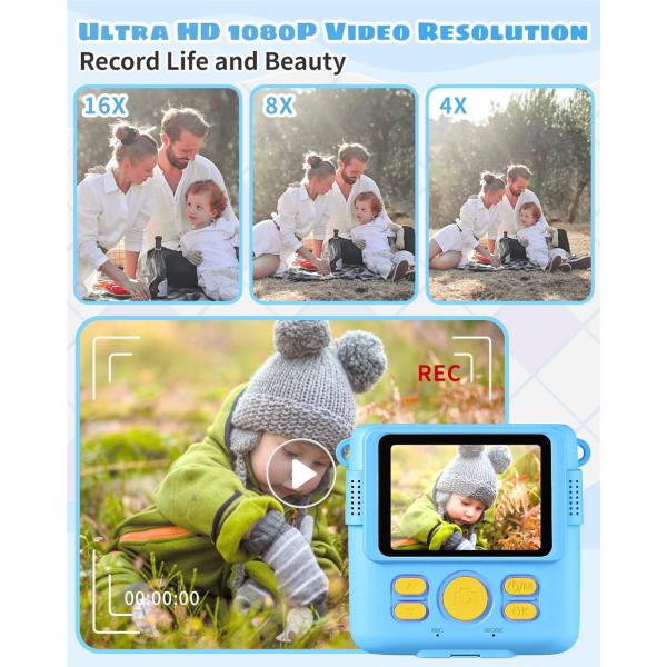 1080P HD Kids Digital Camera 2.4 inch Screen Size Instant Print 32G SD Card 3 Rolls Photo Paper Perfect Birthday Christmas Gifts for 6-12 Boys Girls