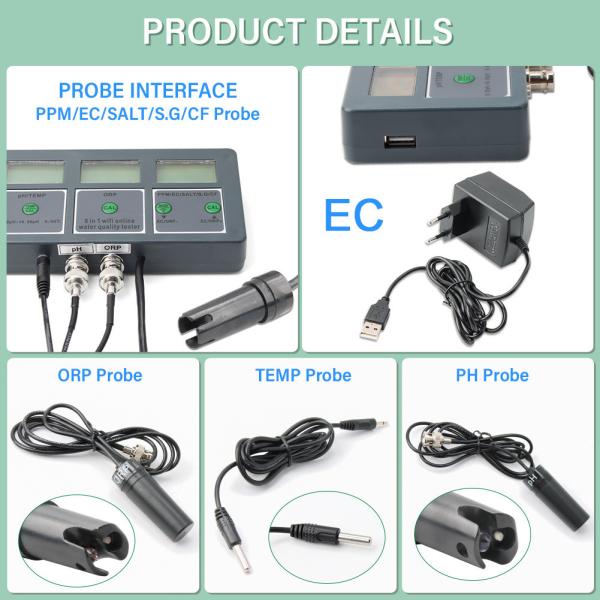 Lab Pool Water Tester Tuya WiFi 8 in 1 Digital PH/TEMP/ORP/PPM/EC/SALT/S.G/CF Testing