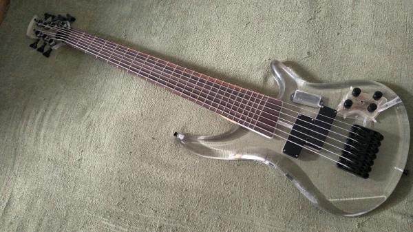 7 Strings Bass Guitar Limited Edition Clear Acrylic Body Rosewood fingerboard inlay Blue LED lamp Electric Bass Guitar