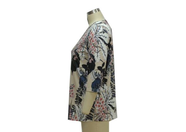 Ladis Shirt Little V-Neckline Shiny Reinstone Decoration 3/4 Sleeves Digital Printing Ladies Fashion Shirt