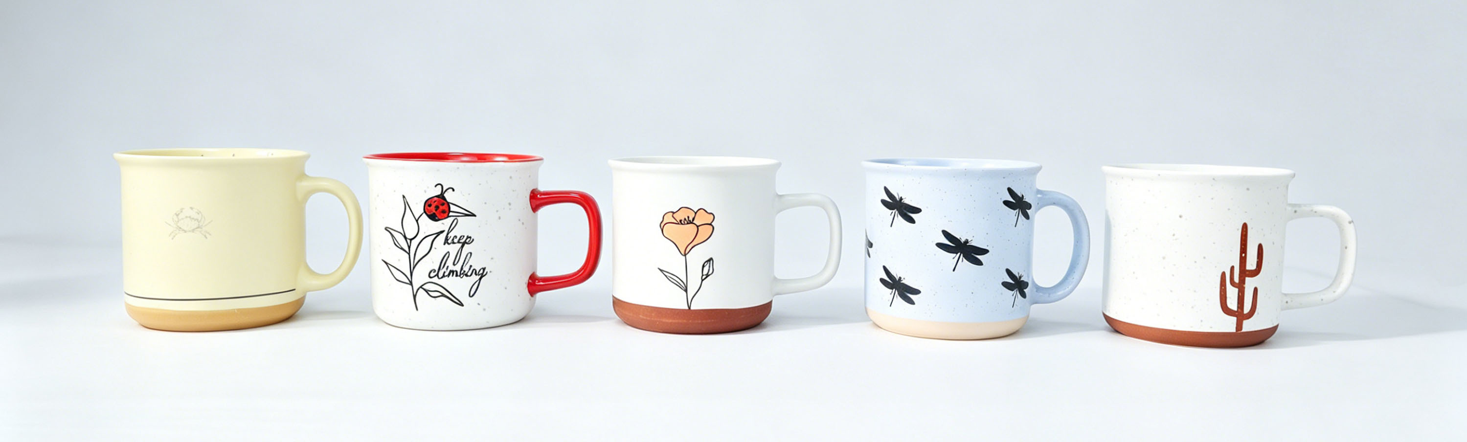 Whimsical Nature Line Art Two-Tone Speckled Ceramic Coffee Mugs, Inspirational Botanical & Wildlife Themed Short Drinking Cups