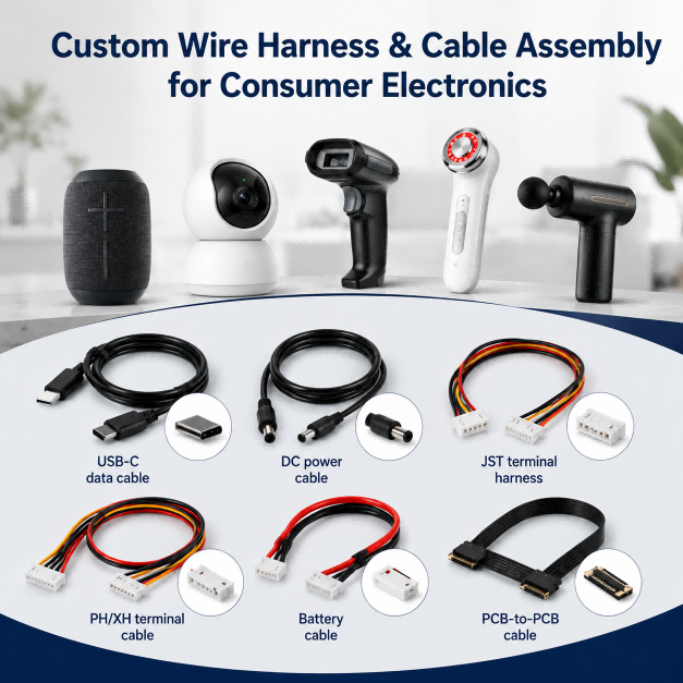 Custom Wire Harness Cable Assembly USB-C DC Power JST PH XH Terminal Battery PCB Interconnect for Consumer Electronics