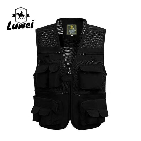 Custom Design Zip Black Utility Outdoor Workwear Journalist Multi-pocket Sleeveless Fishing Men Vest with Mesh
