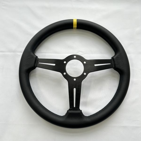 DELUXON 350mm Dia Racing Steering Wheel With 35mm Dish , Black Microfiber Leather , 5 MM 6061 Aluminum Alloy Black Spoke