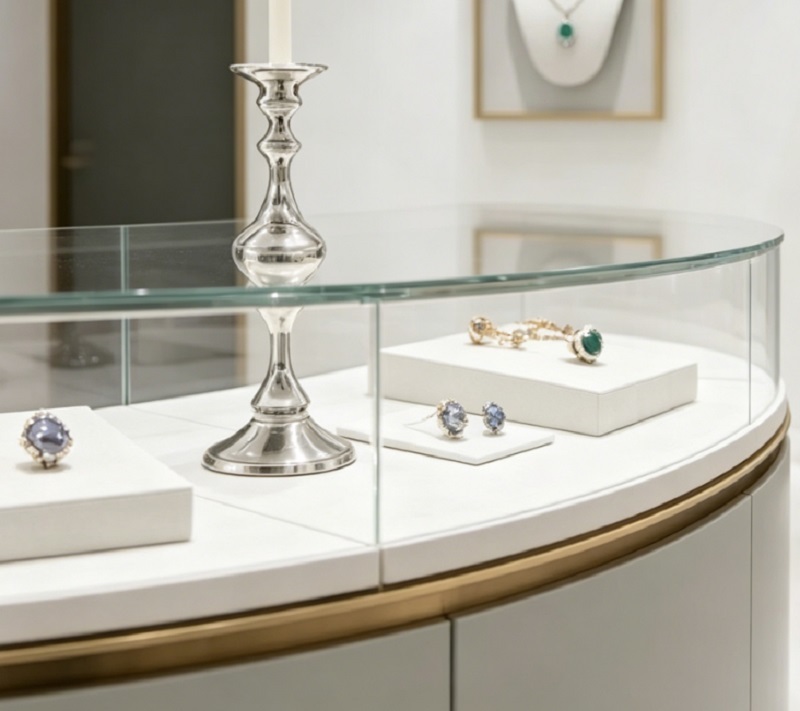 Luxury Light Grey & Rose Gold Curved Jewelry Display Set, Complete Showcase with Central Kiosk & Tall Cabinet