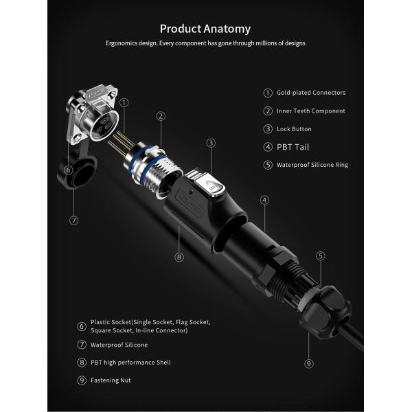 CNLINKO M16 10A DC AC Power Supply Cables Connector Waterproof IP68 4 Pin Metal and Plastic Connector LED Lighting Plug Socket