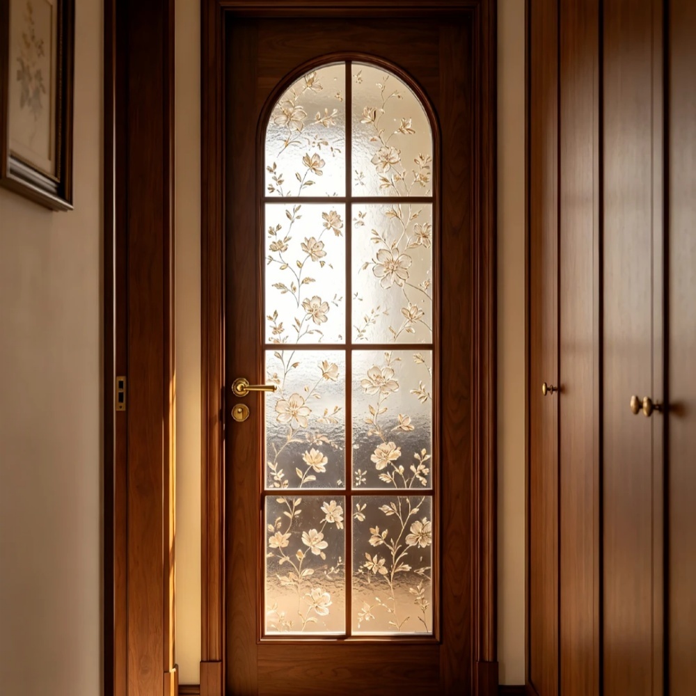 Custom Solid Wood Interior Door with Decorative Glass Panel, Luxury Wooden French Door for Home Villa Bedroom Entry Door