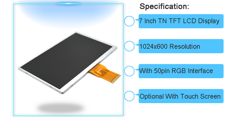140mA 9.9V Landscape 7 Inch Display TFT Screen LCD Module Color TV 1024X600