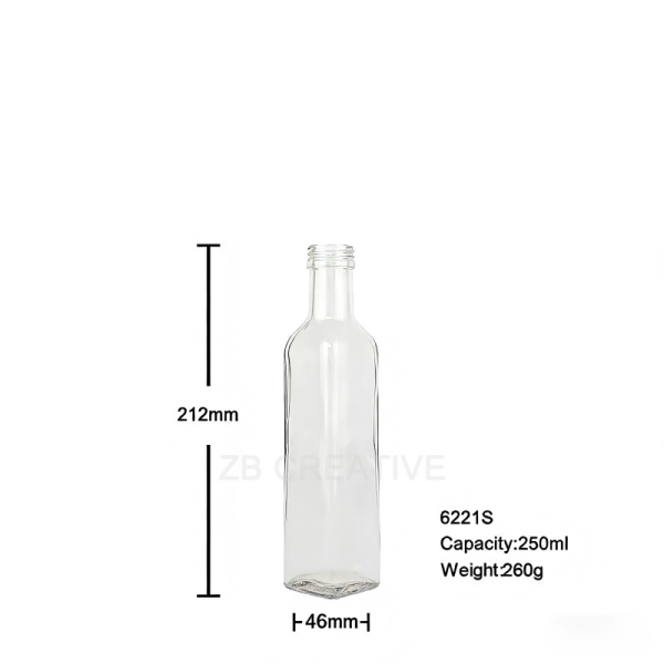250ml Square Marasca Glass Olive Oil Bottle Screw Cap Dressing Sauce Container 260g 6221S