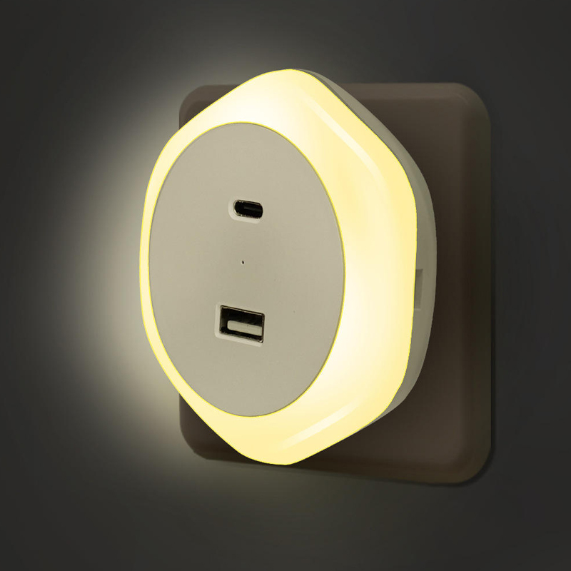 Support Dimming Mini Plug-in LED Night Light Lamp with USB and Type-C Charging Socket