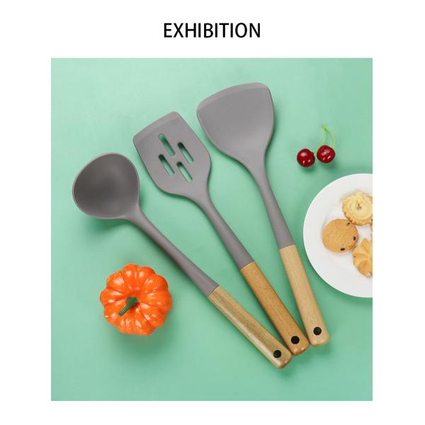 Silicone Kitchen Three-piece Set Heat Resistant Shovel Non-stick Spoon Wooden Handle