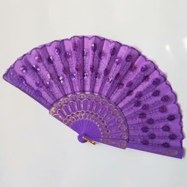 Hot Selling Foldable Hand Held Fan Black Plastic Embroidery Sequin Hand Fan