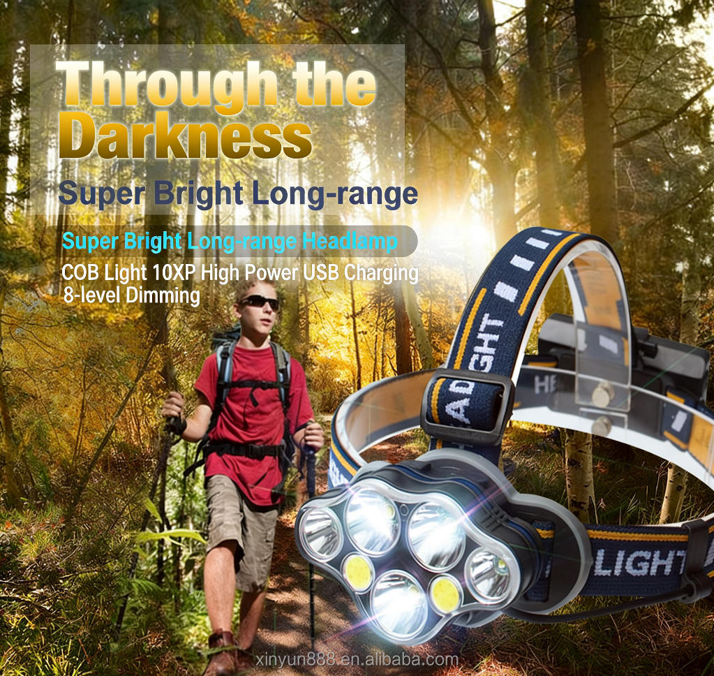 7LED Strong Headlight Far-reaching Searchlight USB Charging Outdoor Headlight Camping Night Fishing COB Red Headlight