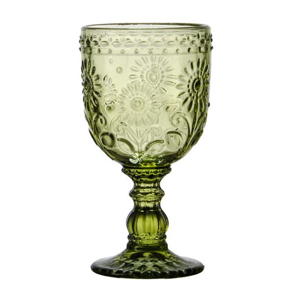 Hot Sale Green Color Glassware Vintage Pattern Embossed High Clear Glass Goblets