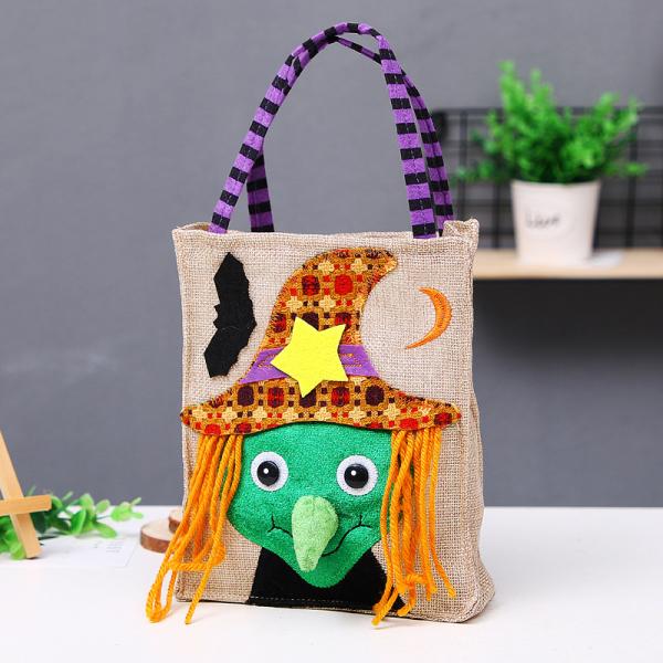 Open Closure Reusable Halloween Pumpkin Witch Skeleton Linen Bag for Candy Collection