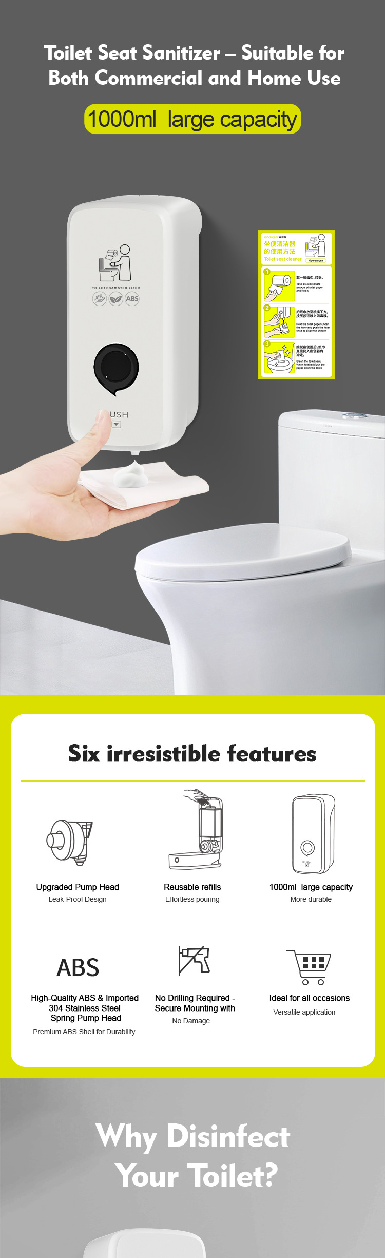 Manual Liquid Soap Dispenser Wall Mounted 1000ml Toilet Seat Sanitizer Dispenser
