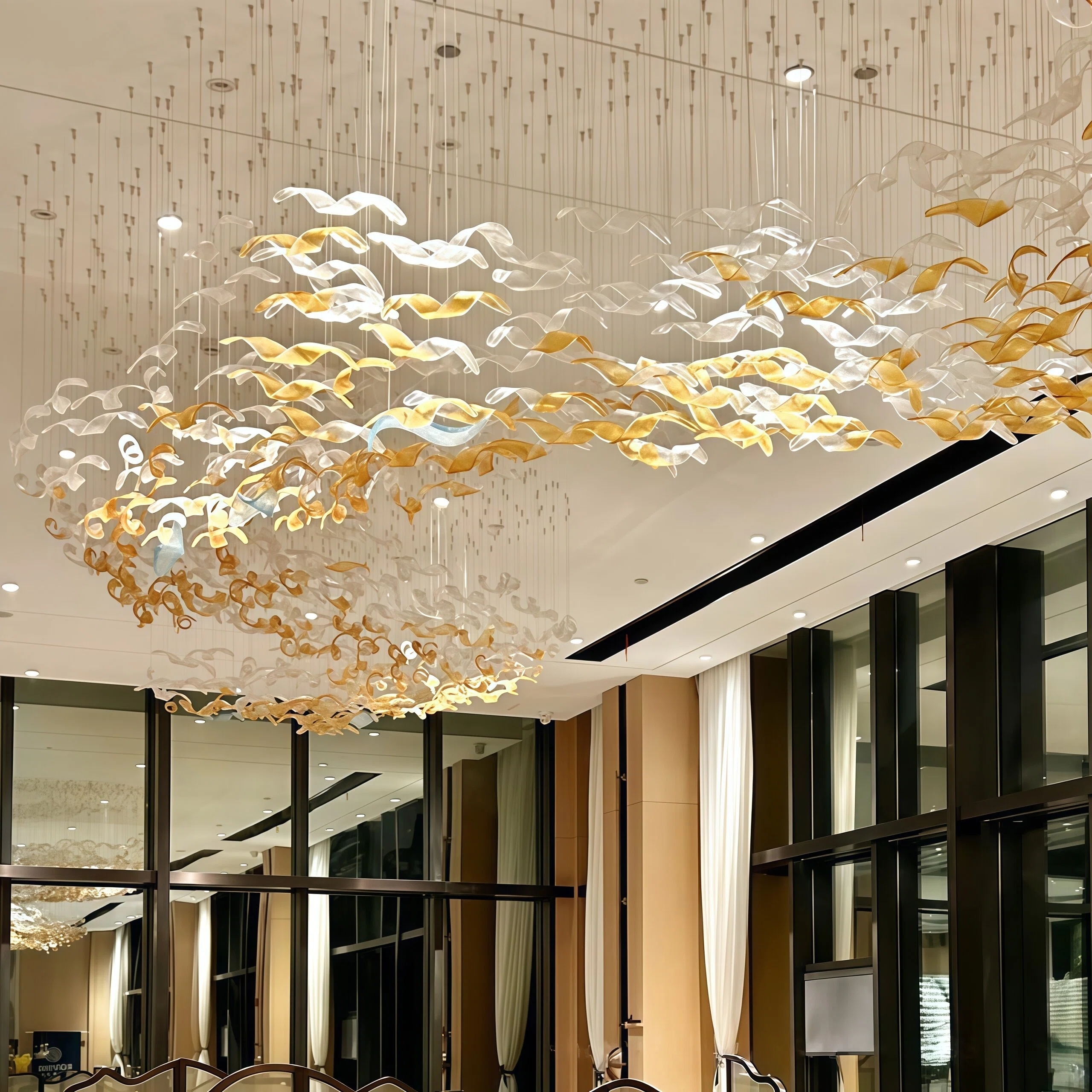 JYLIGHTING Luxury Curved Ribbon Glass Art Chandelier, Custom Hanging Decorative Ceiling Light for Hospitality & Large Interior Project