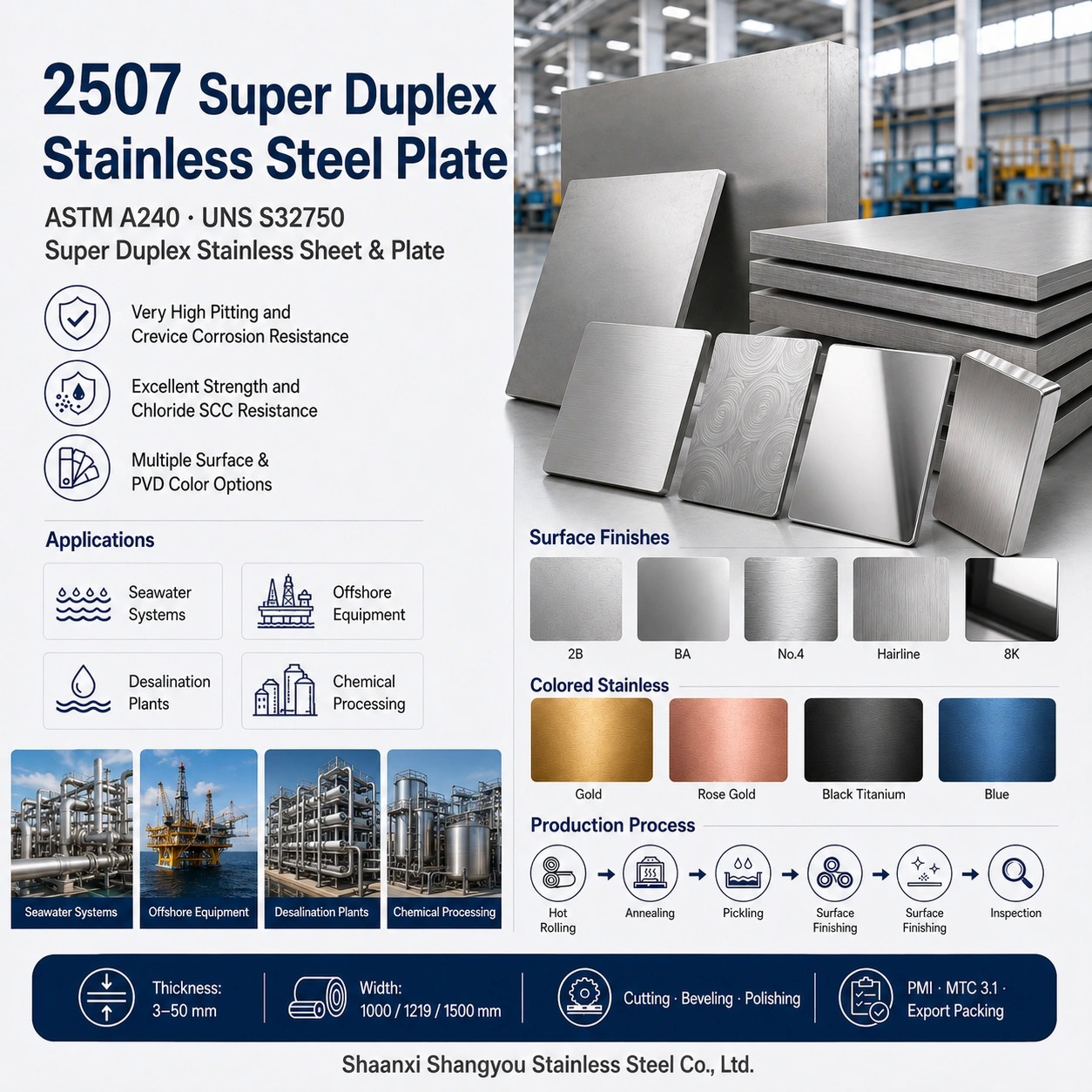 ASTM A240 2507 Super Duplex Stainless Steel Plate UNS S32750 with PREN >40 and Extreme Corrosion Resistance