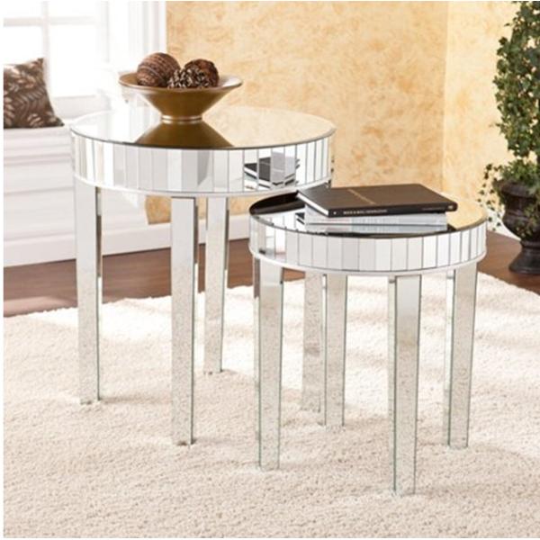 2 pieces set mirrored nesting table round side table for living room
