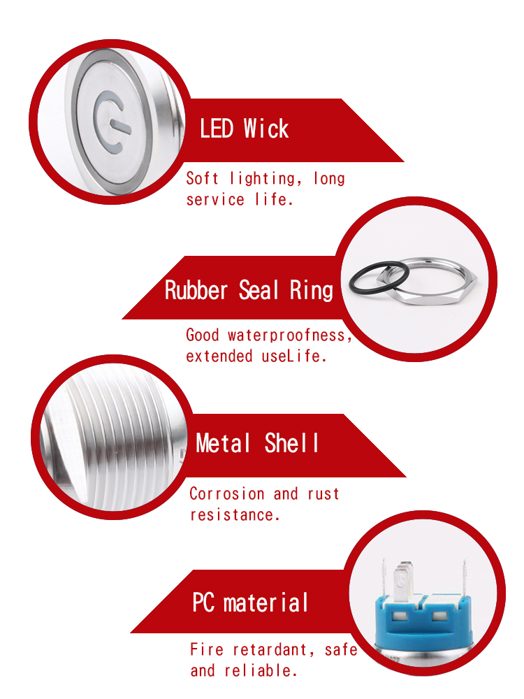 12v24v220v Momentary Waterproof Stainless Steel Power LED22mm Momentary Push Button