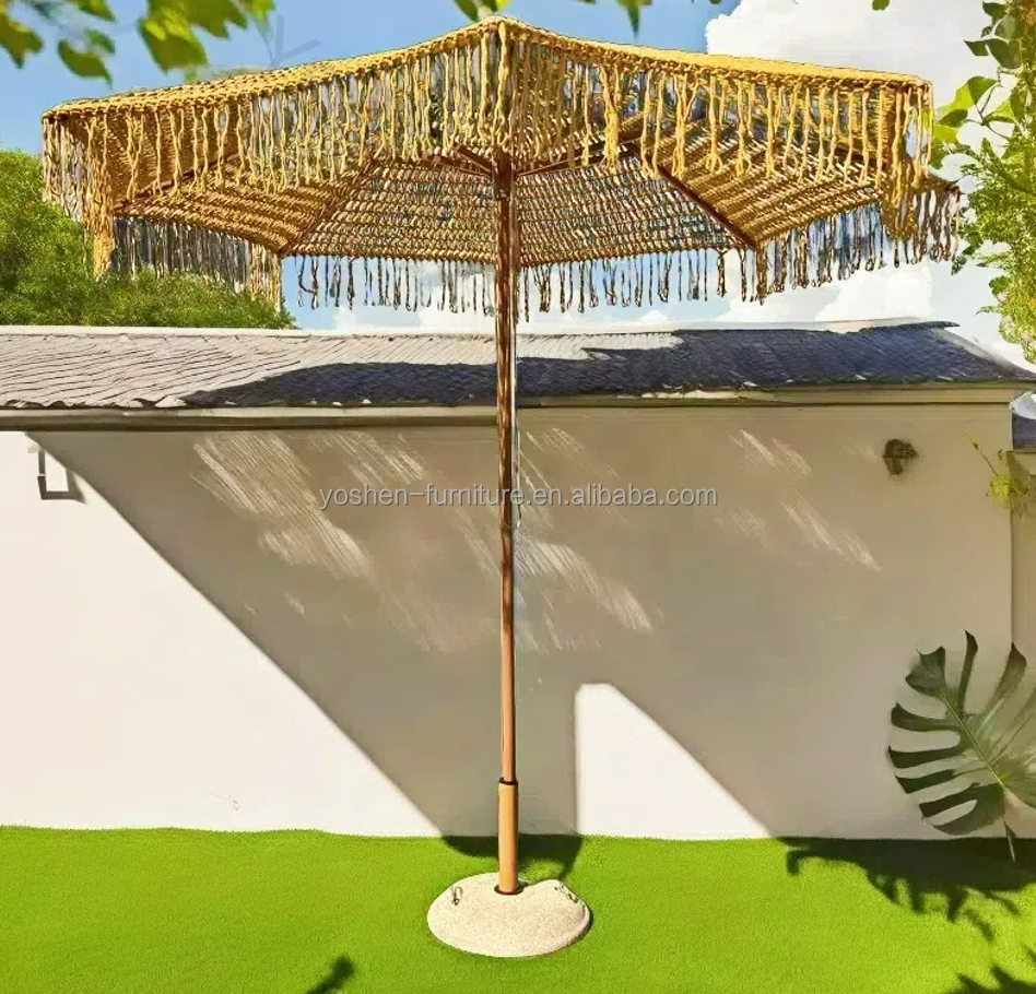9 ft Yellow INS Trend Resort Umbrella Parasol Woven Crochet Umbrella Tassel Macrame Parasol
