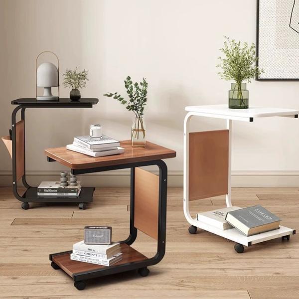 Space-Saving Living Room Furniture Corner Coffee Bedside Table with Wheels C Shape 2 Tiers End Rolling Storage Rack Shelf