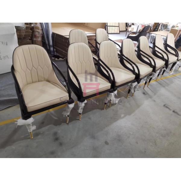 Curved Solid Wood Armrest Leather Modern Dining Chairs 0.38cbm Volume With Metal Details