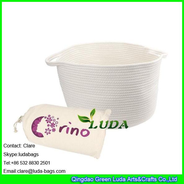 LDKZ-061 white cotton rope storage basket with handles soft durable toy storage nursery bins