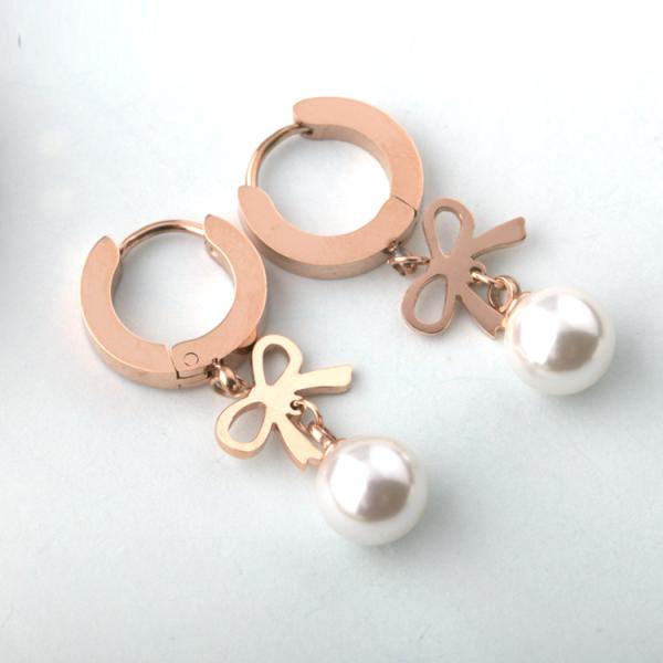 Rose Gold Pearl Stud Earrings with stainless steel materials, Bowknot TasselsPearl  Earring