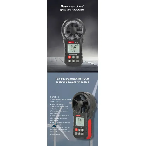 WT87A Digital Anemometer Shakeproof 0~5860 FT/Min Wind Speed Temperature Measuring