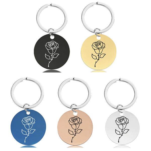 Stainless KeyKey chain pendant Month flower birthday holiday gift engraved metal key chain logo words