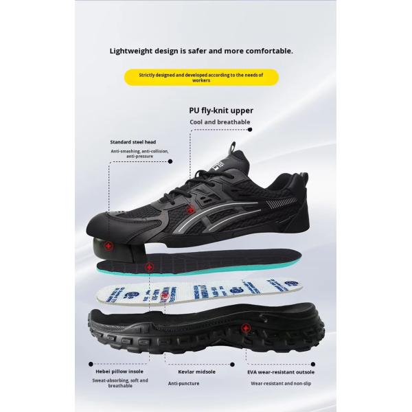 Zapatos de seguridad cómodos Transpirables PU Tejido Volador Zapatos de trabajo Puntera de acero Antigolpes Suela de EVA Entresuela de Kevlar Anti-pinchazos