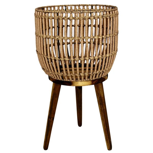 Factory Direct Sale Metal Frame Wooden Legs  PE Rattan Artificial Weaving Popular Flower Stand with Wooden Base