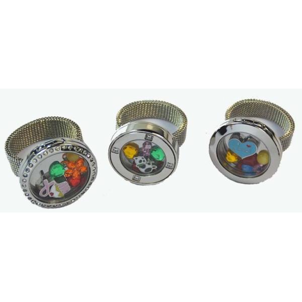 316L Stainless Steel Mesh Band Floating Charm Memory Living Locket Ring TGLR005-TGLR007