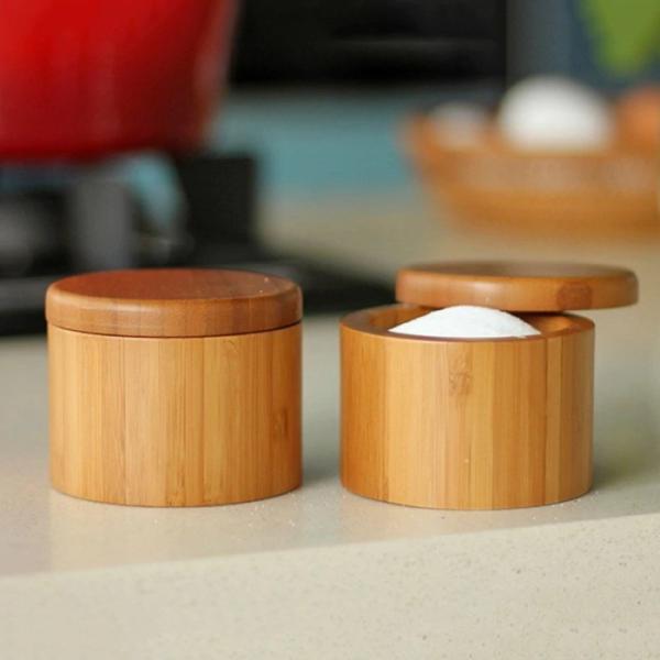 Round Bamboo Salt Box WithLaser Engraving Logo Magnetic Lid Spice Container Good For Durable Storage  Organization
